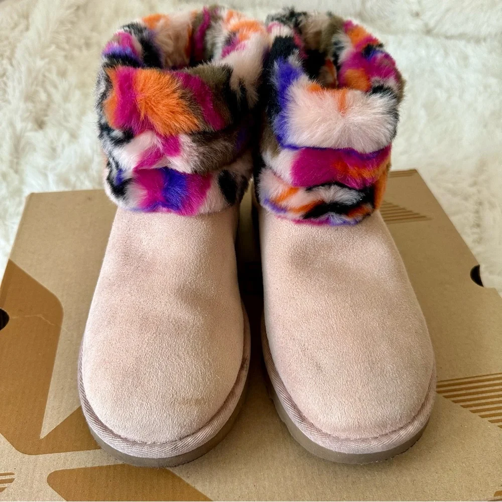 UGG Fluff Mini Quilted Motlee Pink Suede Multicolor Fur Cuff Ankle Boots Size 7